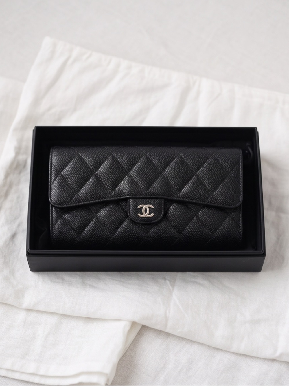 CHANEL Black Quilted Caviar Leather Wallet with Silver CC